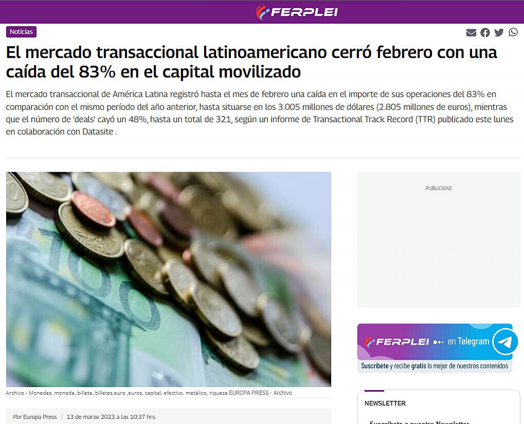El mercado transaccional latinoamericano cerró febrero con una caída del 83% en el capital movilizado